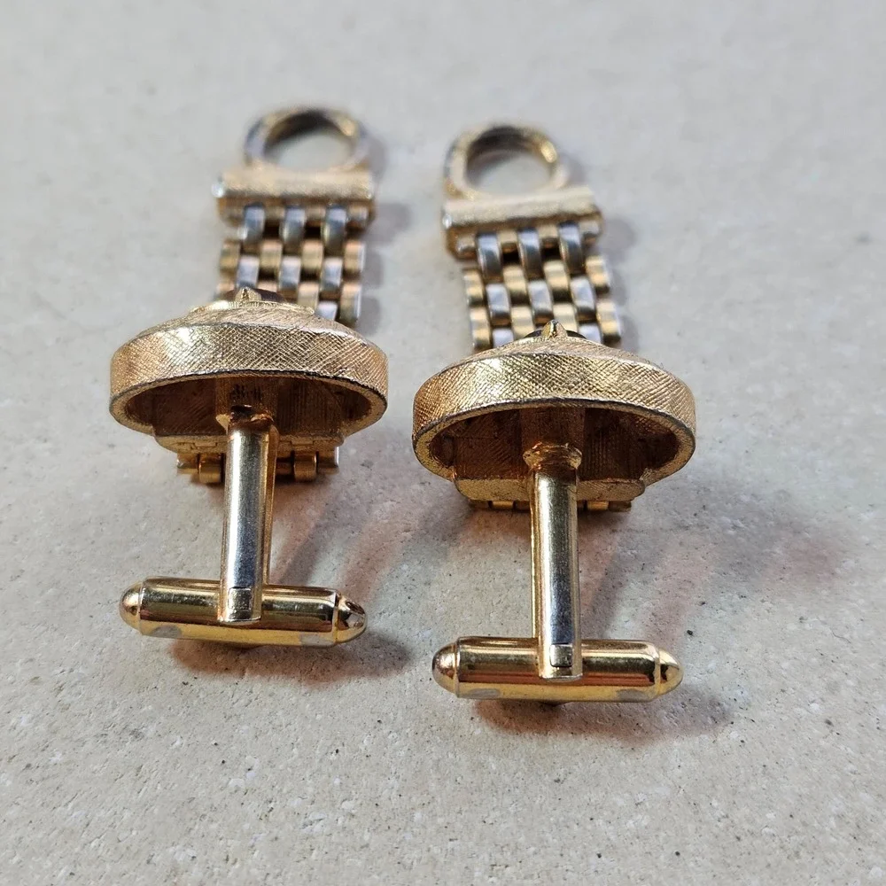 Vintage Gold Tone Mesh Wrap Around Cufflinks Tigers Eye Stone Mid Century 70s